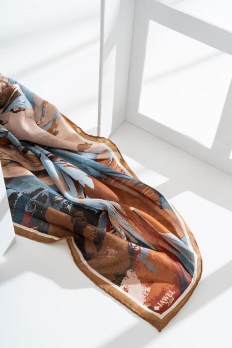 Kadın Digital Baskılı Fırça Desen Soft Eşarp 90x90 Cm HARDAL 