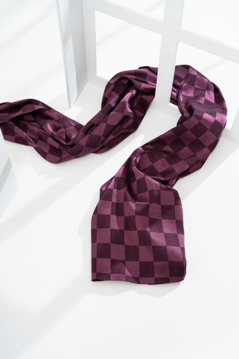 Kadın Dama Desenli Tesettür Jakarlı Şal 185x70 Cm MÜRDÜM - Jawel