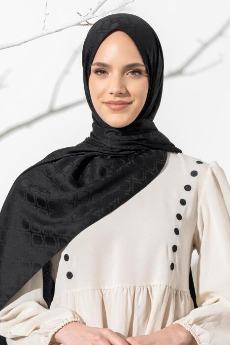 Kadın Geometrik Desen Jakarlı Şal SİYAH 