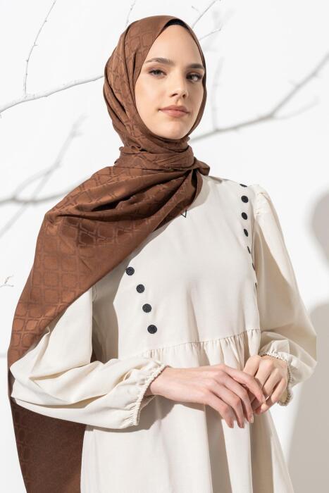 Kadın Geometrik Desen Jakarlı Şal KAHVE 