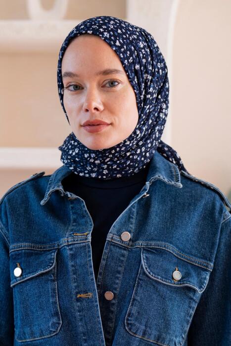 Kadın Ütü İstemeyen Çakıl Desen Bürümcük Şal 190*80 Cm LACİVERT BEYAZ - Jawel