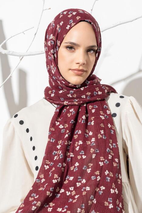 Kadın Çiçek Desenli Kırışmaz Bürümcük Şal 190*80 Cm BORDO 