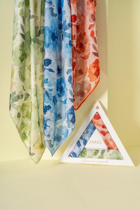 Kadın Peonia Soft Eşarp Paketi (Yeşil-İndigo-Turuncu) - Jawel