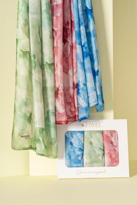 Kadın Aquarelle Soft Şal Paketi (İndigo-Yeşil-Krem Bordo) - Jawel