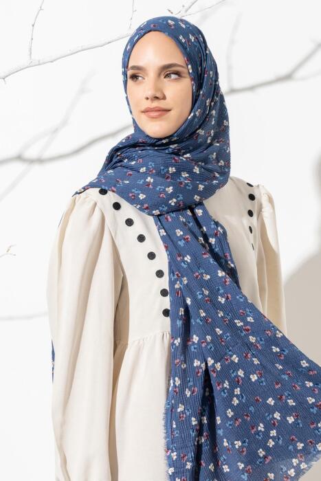 Kadın Çiçek Desenli Kırışmaz Bürümcük Şal 190*80 Cm MAVİ - Jawel