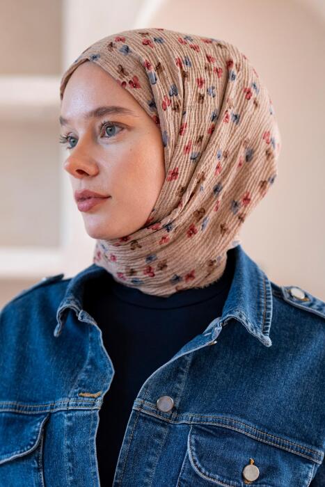 Kadın Çiçek Desenli Kırışmaz Bürümcük Şal 190*80 Cm AÇIK KAHVE - Jawel