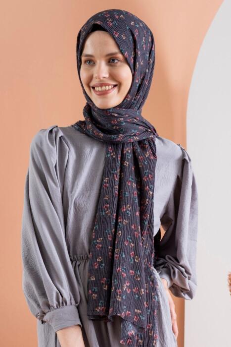 Kadın Çiçek Desenli Kırışmaz Bürümcük Şal 190*80 Cm KOYU FÜME - Jawel