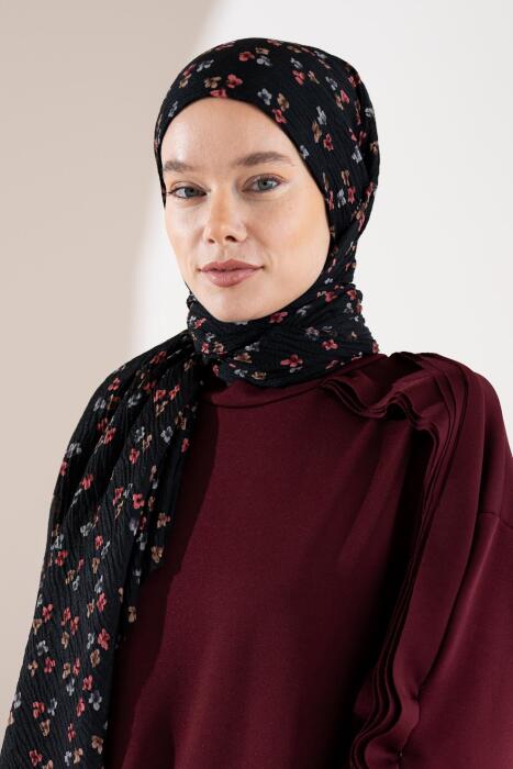 Kadın Çiçek Desenli Kırışmaz Bürümcük Şal 190*80 Cm SİYAH GÜLKURUSU - Jawel