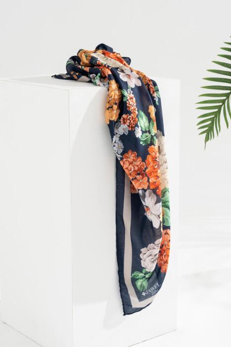 Kadın Tesettür Digital Baskılı Gül Desen Eşarp LACİVERT TURUNCU - Jawel