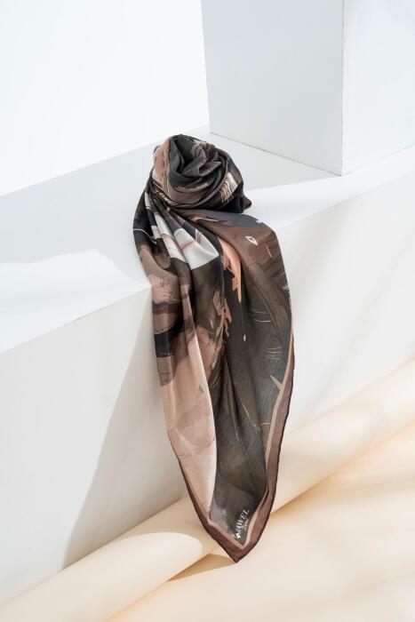 Kadın Digital Baskılı Fırça Desen Soft Eşarp 90x90 Cm KAHVE - Jawel