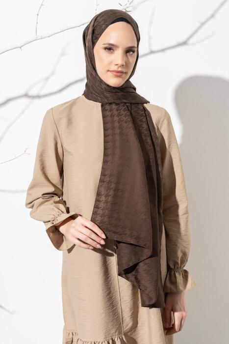 Kadın Tesettür Jakarlı Küçük Desen Kazayağı Şal ACI KAHVE 
