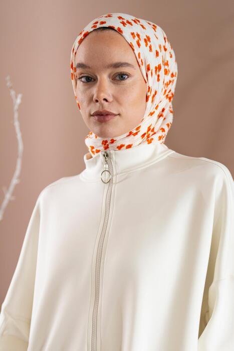 Kadın Çiçek Desenli Kırışmaz Bürümcük Şal 190*80 Cm KREM TURUNCU 