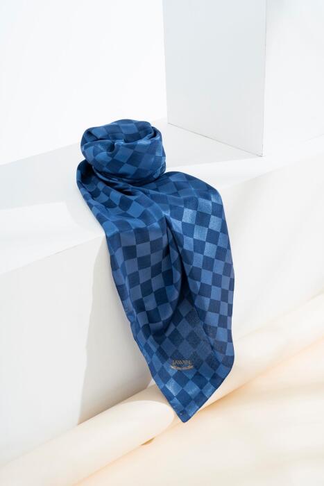 Kadın Dama Desenli Jakarlı Eşarp 100x100 Cm İNDİGO - Jawel