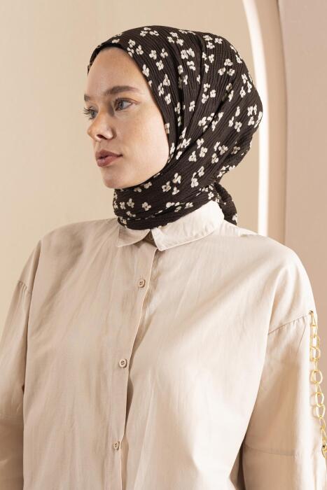 Kadın Çiçek Desenli Kırışmaz Bürümcük Şal 190*80 Cm KAHVE 