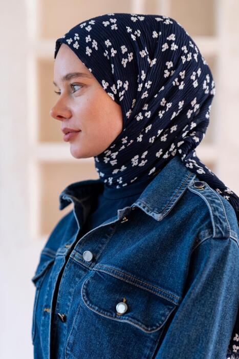 Kadın Çiçek Desenli Kırışmaz Bürümcük Şal 190*80 Cm LACİVERT 