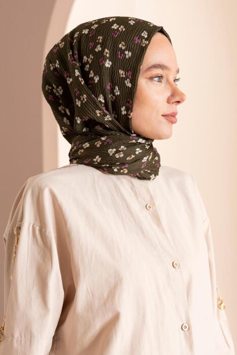 Kadın Çiçek Desenli Kırışmaz Bürümcük Şal 190*80 Cm ASKER YEŞİLİ 