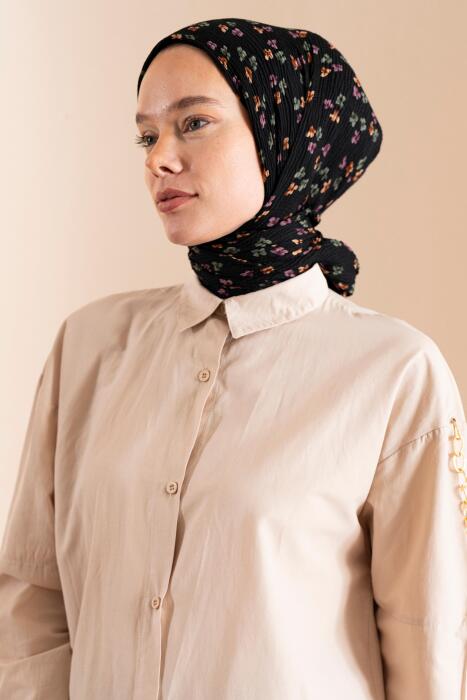 Kadın Çiçek Desenli Kırışmaz Bürümcük Şal 190*80 Cm SİYAH HAKİ 