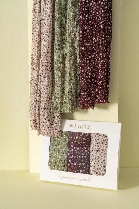 Kadın Kırışmaz Tesettür 3'lü Bürümcük Şal Paketi (Fıstık Yeşili-Bordo-Taş) - Jawel