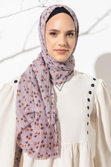 Kadın Çiçek Desenli Kırışmaz Bürümcük Şal 190*80 Cm AÇIK MÜRDÜM 