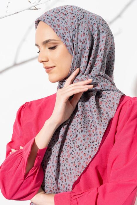 Kadın Tesettür Kırışmaz Bürümcük Eşarp GRİ-PEMBE - Jawel