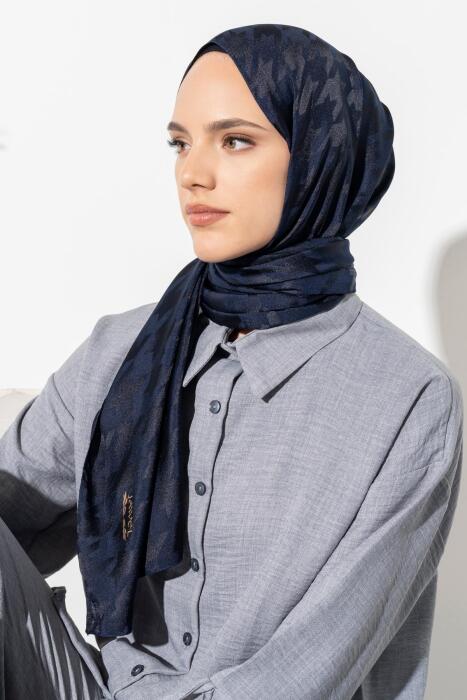 Kadın Tesettür Jakarlı Büyük Desen Kazayağı Şal LACİVERT 