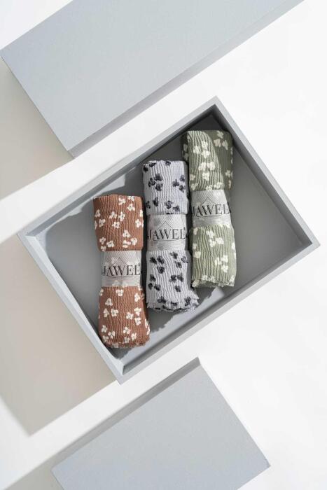 Kadın Kırışmaz Tesettür 3'lü Bürümcük Şal Paketi (Çikolata-Küf Yeşili-Açık Gri) - Jawel