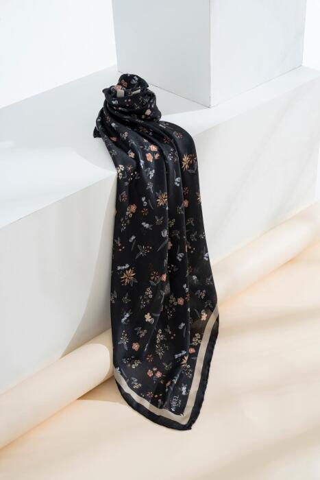 Kadın Digital Baskılı Çiçek Desen Soft Eşarp SİYAH-HAKİ 