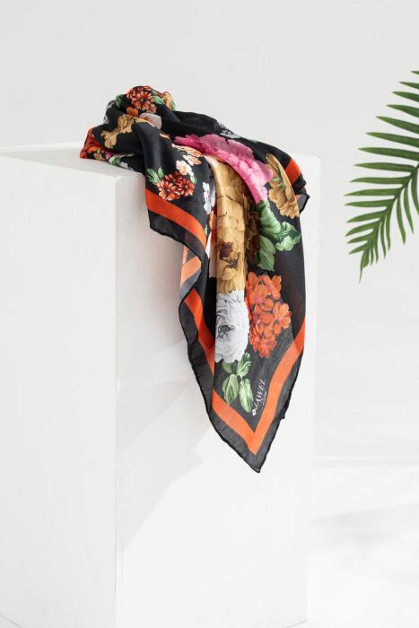 Kadın Tesettür Digital Baskılı Gül Desen Eşarp SİYAH TURUNCU - Jawel