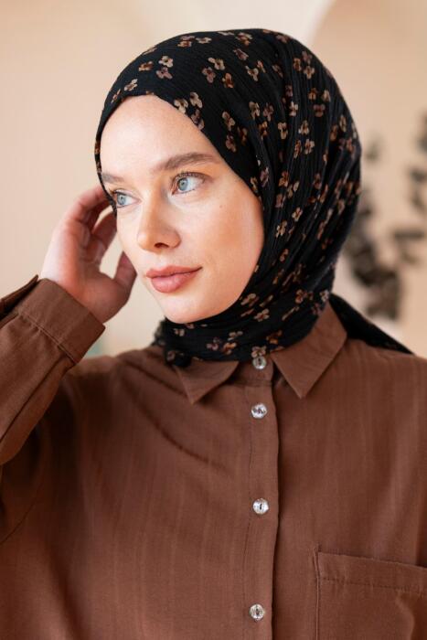 Kadın Çiçek Desenli Kırışmaz Bürümcük Şal 190*80 Cm KOYU CEVİZ 