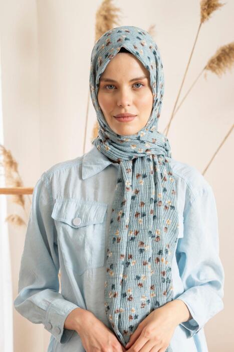 Kadın Çiçek Desenli Kırışmaz Bürümcük Şal 190*80 Cm AÇIK PETROL 