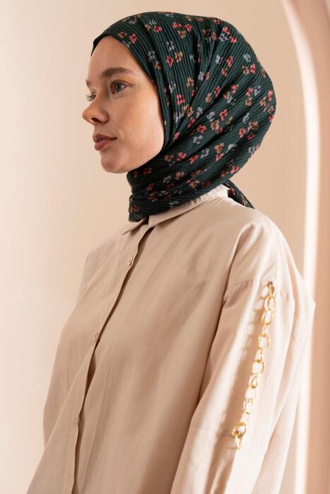 Kadın Çiçek Desenli Kırışmaz Bürümcük Şal 190*80 Cm ZÜMRÜT 