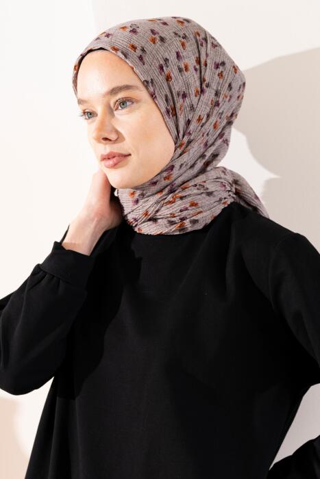 Kadın Çiçek Desenli Kırışmaz Bürümcük Şal 190*80 Cm VİZON 