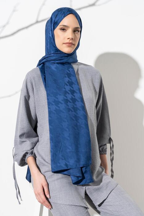 Kadın Tesettür Jakarlı Büyük Desen Kazayağı Şal İNDİGO 