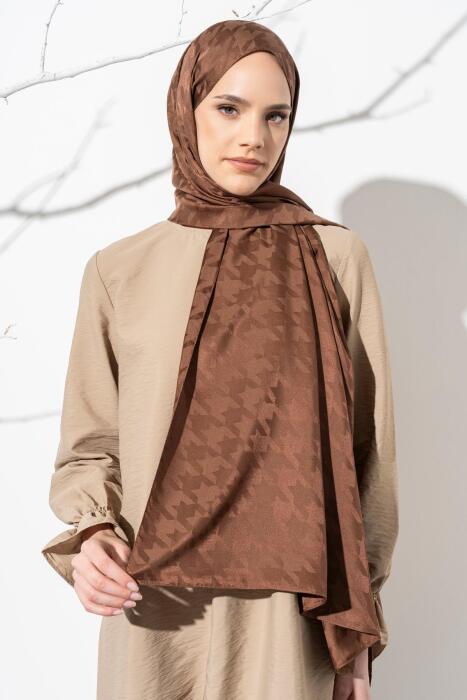 Kadın Tesettür Jakarlı Büyük Desen Kazayağı Şal KOYU KAHVE 