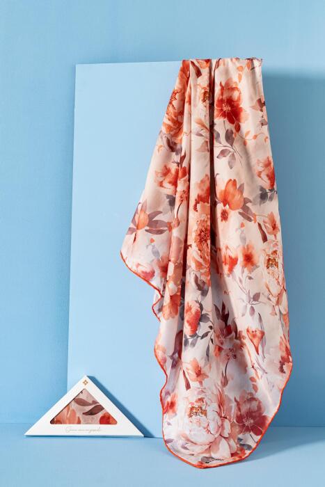 Kadın Çiçek Desenli Ephedra Soft Eşarp TURUNCU - Jawel