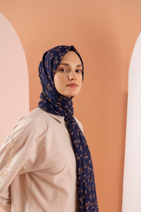 Kadın Çiçek Desenli Kırışmaz Bürümcük Şal 190*80 Cm AÇIK LACİVERT - Jawel