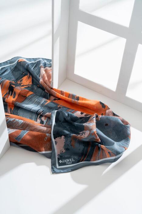 Kadın Digital Baskılı Fırça Desen Soft Eşarp 90x90 Cm GRİ - Jawel