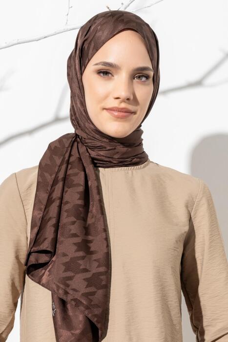 Kadın Tesettür Jakarlı Büyük Desen Kazayağı Şal ACI KAHVE - Jawel