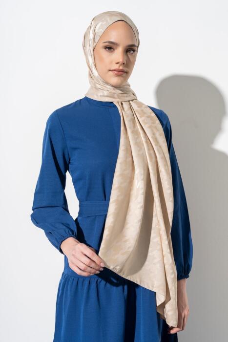 Kadın Tesettür Jakarlı Büyük Desen Kazayağı Şal BEJ - Jawel