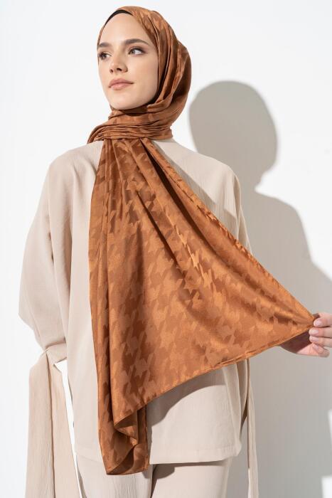 Kadın Tesettür Jakarlı Büyük Desen Kazayağı Şal AÇIK KAHVE - Jawel