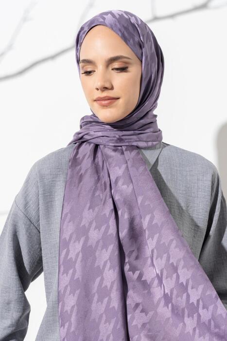 Kadın Tesettür Jakarlı Büyük Desen Kazayağı Şal LİLA 