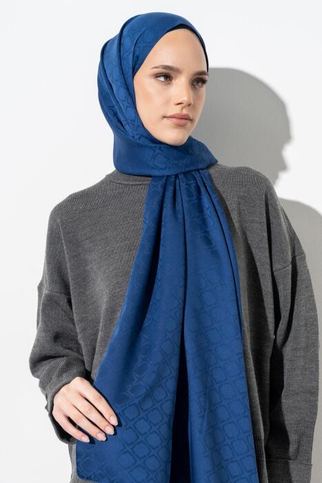 Kadın Geometrik Desen Jakarlı Şal SAKS MAVİ 