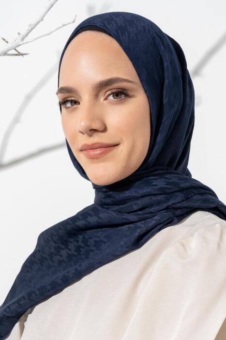 Kadın Tesettür Jakarlı Küçük Desen Kazayağı Şal LACİVERT 
