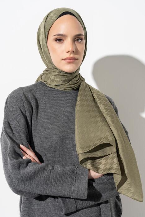 Kadın Tesettür Jakarlı Küçük Desen Kazayağı Şal KOYU HAKİ 
