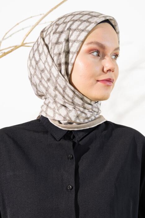 Kadın Küçük Etnik Desen Soft Eşarp KREM SOLUK HAKİ - Jawel