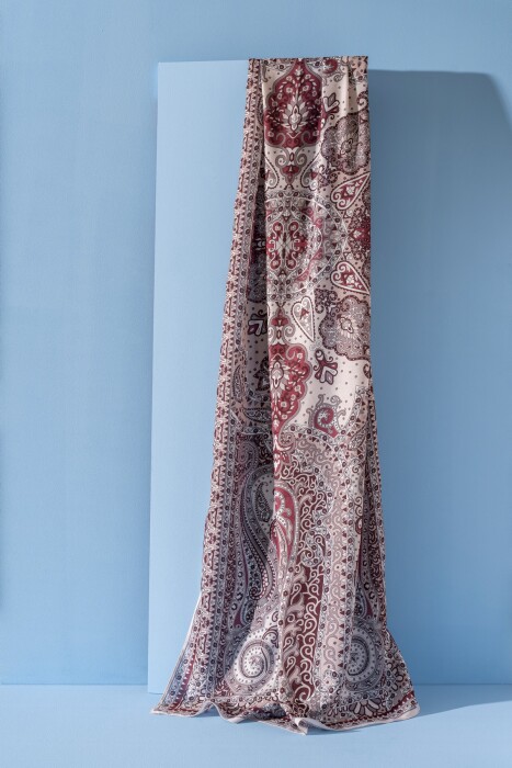 Kadın Etnik Desen Soft Tlos Şal KREM BORDO - Jawel