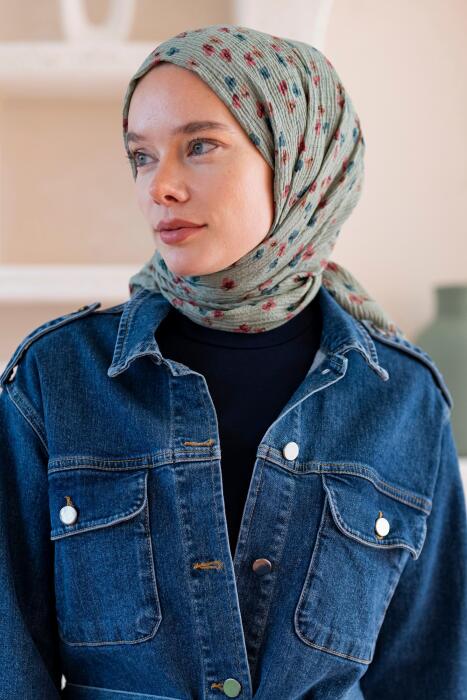 Kadın Çiçek Desenli Kırışmaz Bürümcük Şal 190*80 Cm KÜF YEŞİLİ 