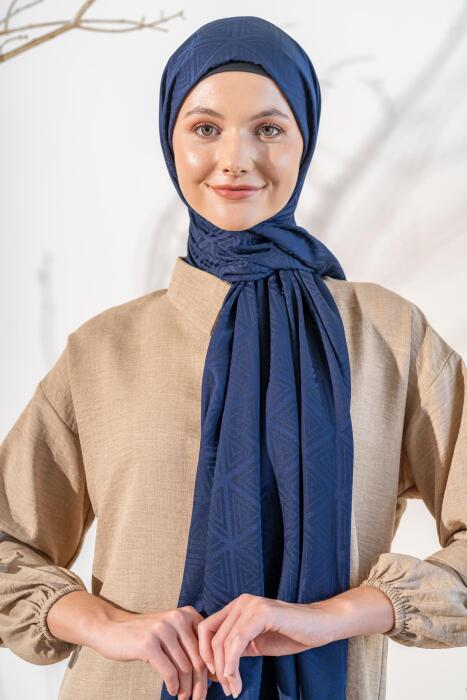 Kadın Piramit Desenli Jakarlı Şal LACİVERT - Jawel