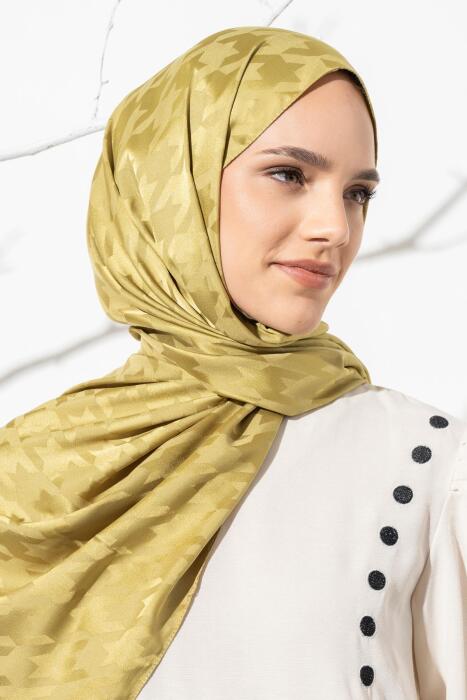 Kadın Tesettür Jakarlı Büyük Desen Kazayağı Şal YAĞ YEŞİLİ 
