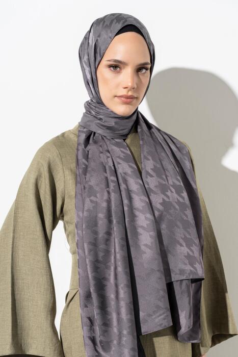 Kadın Tesettür Jakarlı Büyük Desen Kazayağı Şal ANTRASİT - Jawel